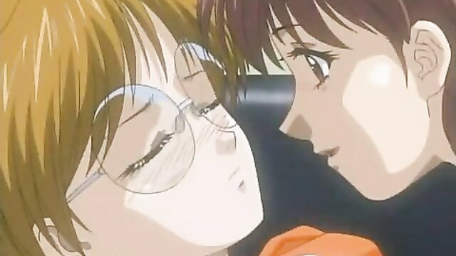 Anime girls with glasses in intimate kiss, hentai sleazy family ep 5