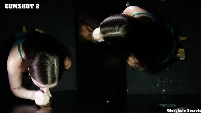 Alexis Abbey kneels for gloryhole cumshot on face, hot brunette