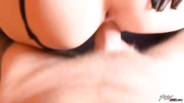 POV closeup of Samantha Snow's huge tits in black lingerie