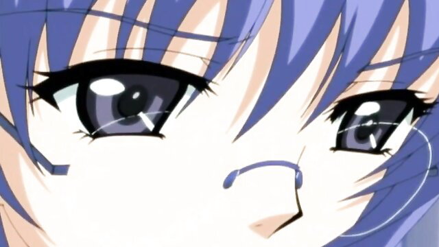 Closeup of anime girl's seductive purple eyes and glossy nose in hentai