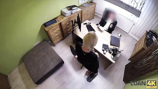 Blonde MILF in office with two suited men, cash on desk