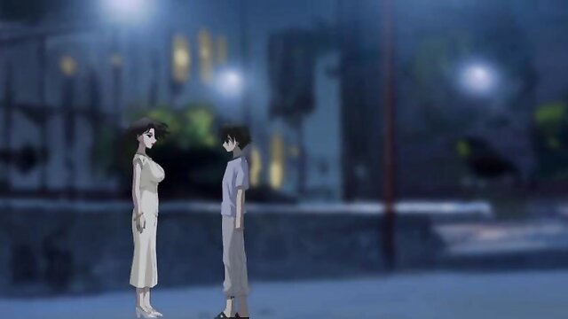 SummerDays hentai Mami Katsura in tight white dress with big tits, night scene