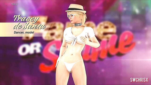Tracey De Santa GTA V cosplay dancer model in white bikini top and thong