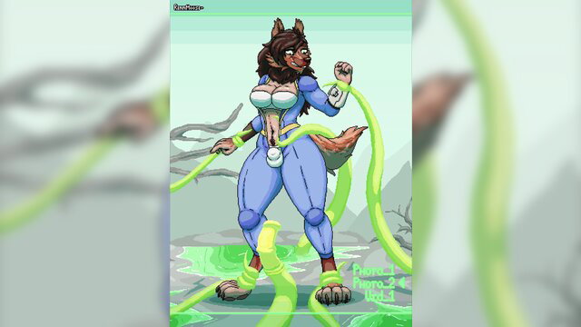 Sexy blue bodysuit anthro wolf girl entangled in green slime tentacles wasteland