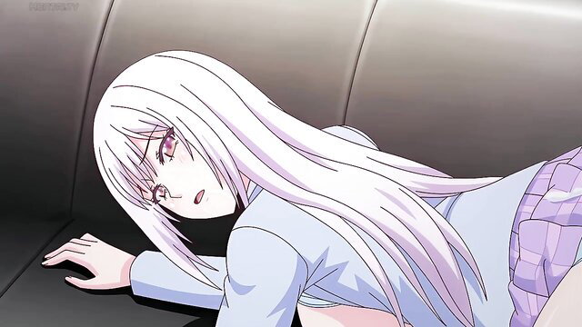 White-haired anime girl in skirt and sweater lounging seductively on couch