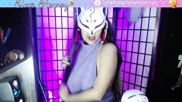 HonneyBonita dances in fox mask, sheer top, showing tail in sexy UwU stream