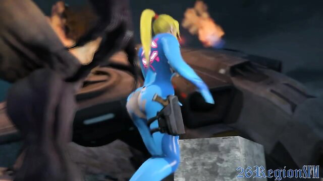 Busty blonde Samus Aran in tight blue bodysuit, big ass view from Metroid hentai