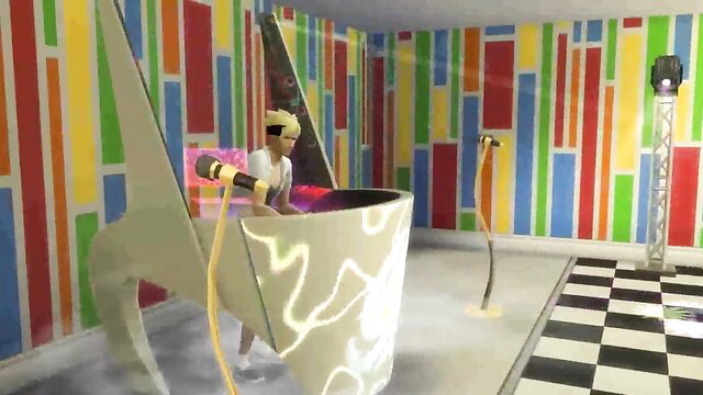 Blonde anime MILF in colorful room with giant tub and hose