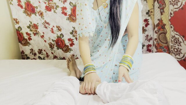 Indian bhabhi in sheer saree grabs cock on bed, wet hole tease