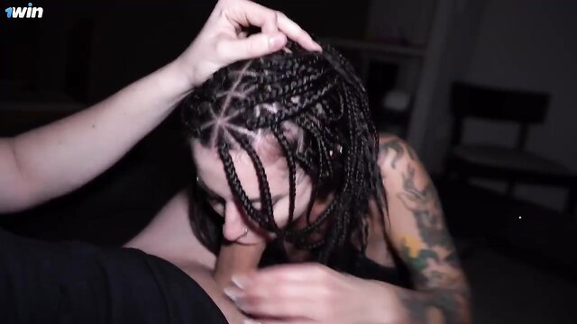 Tattooed Latina with braids gets facefucked by hand, hardcore blowjob