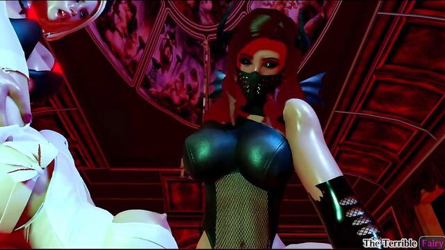 Redhead futanari demon in latex double penetrates sexy angel in otherworldly wedding