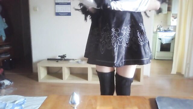MySissyDiary 2B cosplay caged sissy in skirt stockings teases dildo