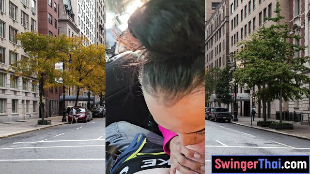 Joon Mali Thai MILF car blowjob on big white cock in public NYC