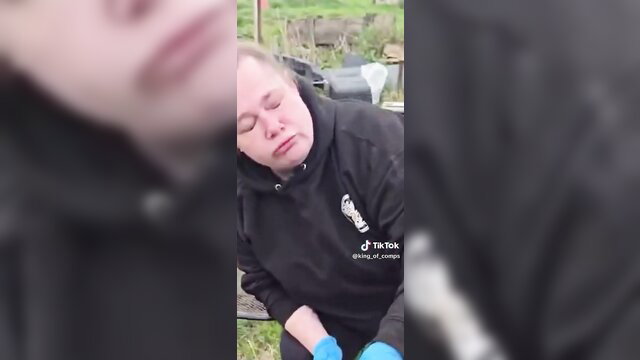 Mature blonde woman gagging hard in hoodie, hot vomit sounds