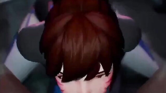 Overwatch hentai girl red hair cat ears POV blowjob closeup