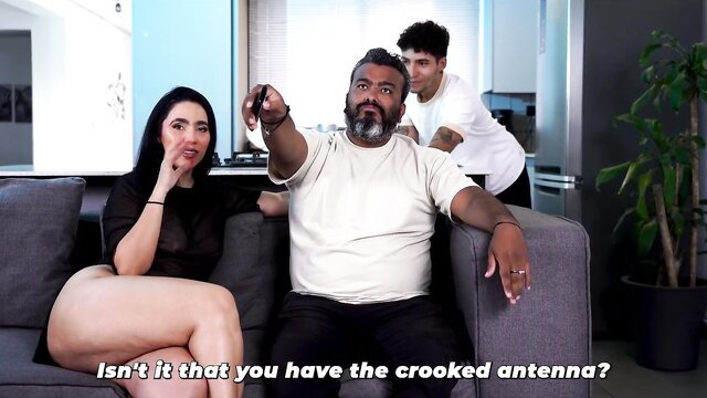 Indian stepmom teases stepdad on couch in tight black dress