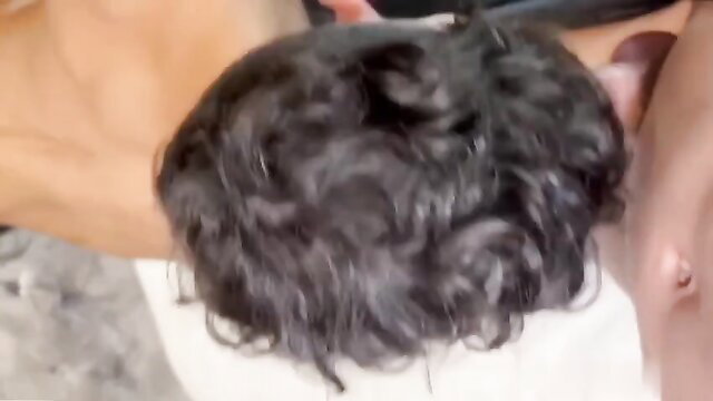 Alpha twink's curly black hair head between tan ass cheeks in mouth ass worship