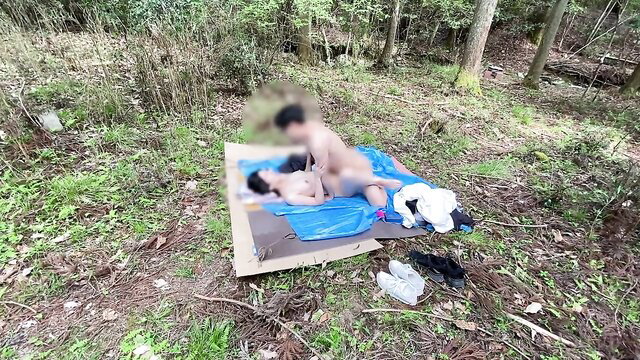 POV public outdoor sex deep in mountains, couple fucking on blue tarp