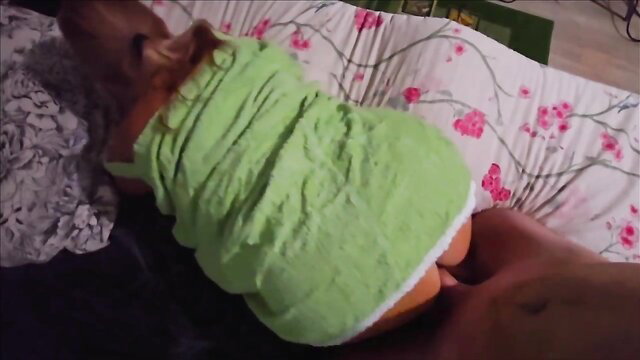 Stepmom in green towel doggystyle POV, stepson hand on big ass