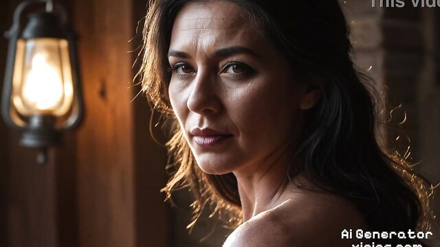 Hot Asian MILF with big tits and seductive gaze in dim light