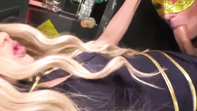 Blonde bombshell in gold mask gets facefucked in HD closeup