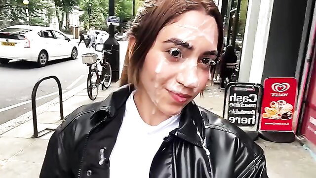 Artemis Carmona facials in bukkake on London street, cum-covered face