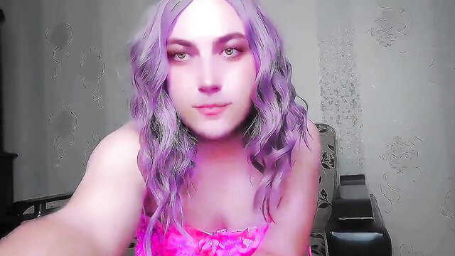 Bewitching purple-haired sissy in sparkly pink princess lingerie