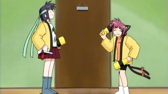 Two cute anime girls in yellow jackets and short skirts posing playfully outside door