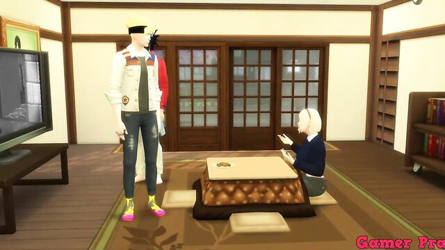 Sakura kneels before Boruto & Sarada in hot Naruto hentai threesome