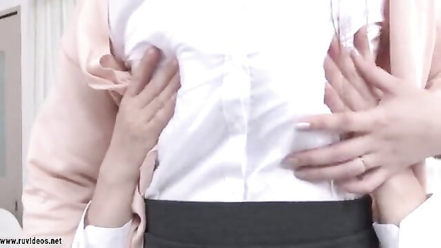 Chitose Yura milf teacher groped over white shirt in JAV cum class