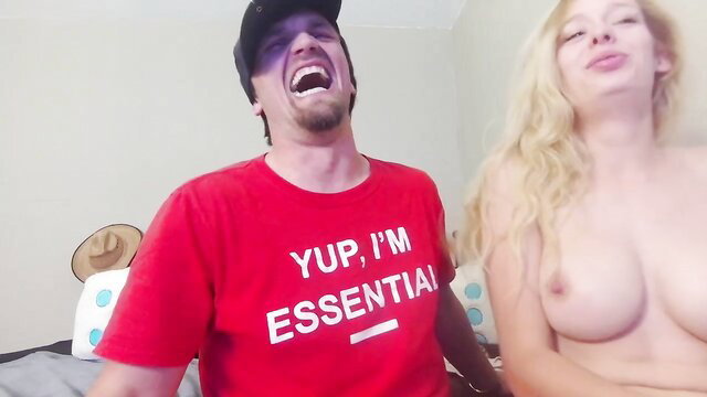 Liz Jay topless with laughing man in Yup I'm Essential shirt, amateur couple fun