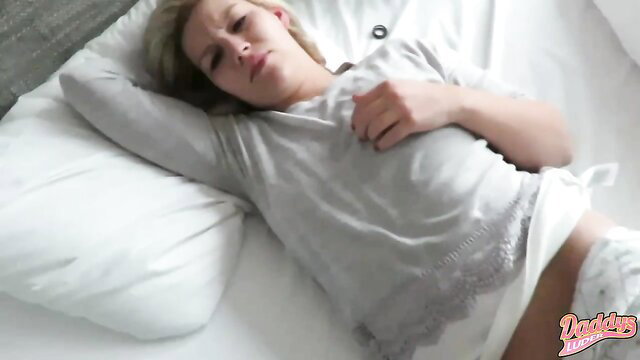 Daddys Luder blonde teen in grey sweater and white skirt on bed