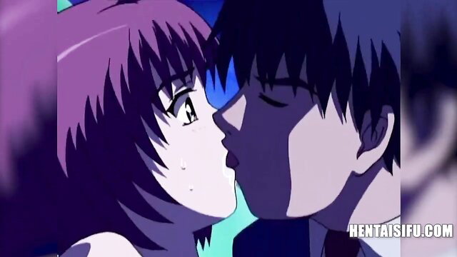 Anime hentai couple kissing passionately, pink-haired girl and black-haired guy
