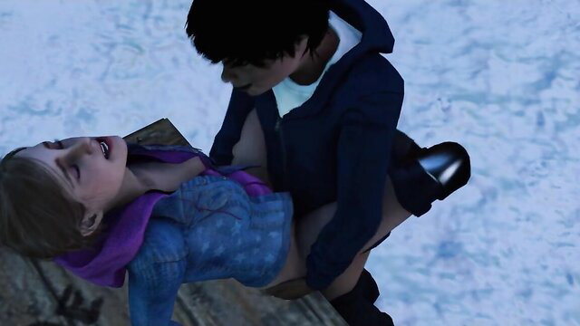 Hoodie couple fucking outdoors on snowy ledge, intense missionary sex