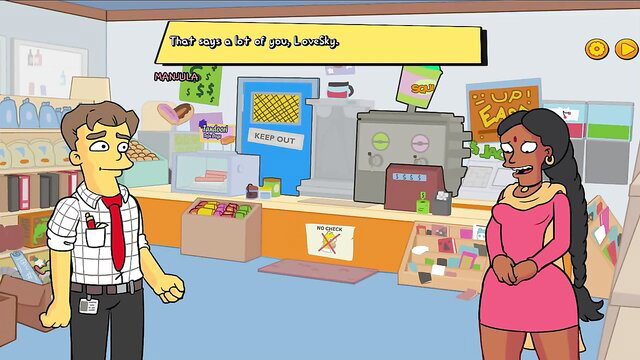 Curvy black anime babe in tight pink dress chats with man in 3D visual novel