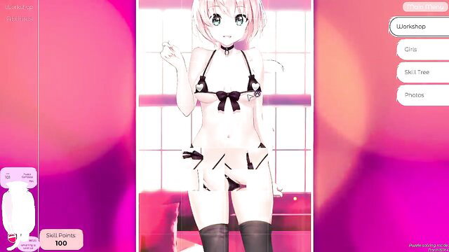 Sexy pink-haired anime neko waifu in black lingerie and stockings