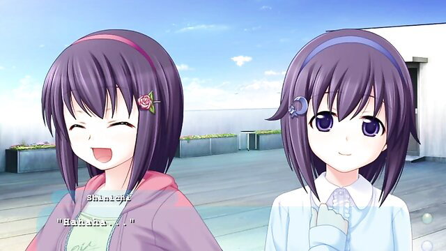 Smiling anime futanari twins in school uniforms on rooftop
