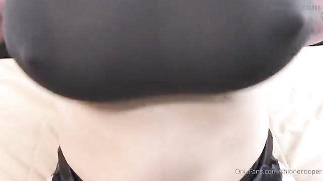 Shione Cooper busty cleavage in black bra closeup