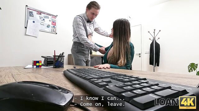 Hot brunette in green dress groped by suited redhead in office