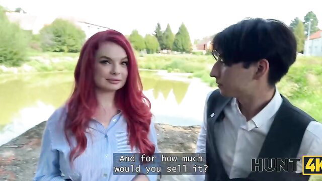 Redhead Miss Olivia asks Stanley Johnson price outdoors POV Hunt4k
