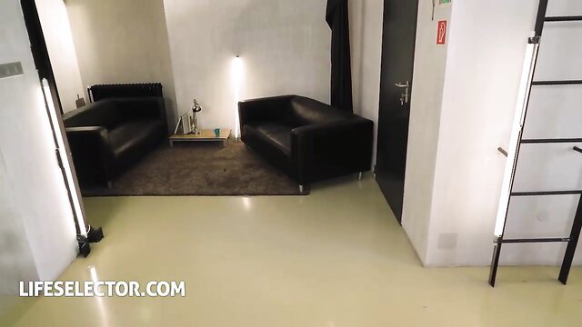 Kinuski in doggy pose on leather couches, Life Selector interactive
