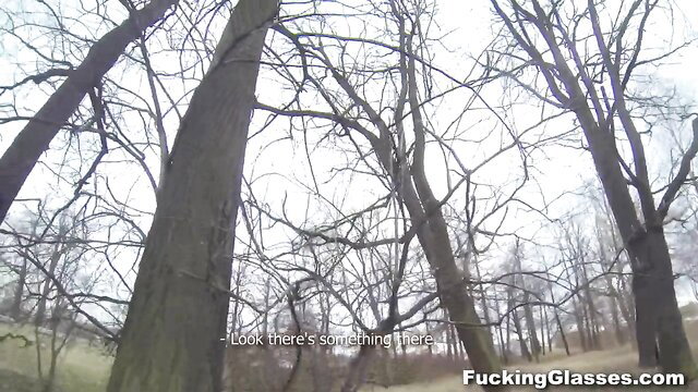 POV teen cowgirl teases cock in bare trees after sloppy blowjob