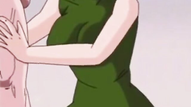 Short-haired anime girl in green dress groped from behind in DBZ hentai