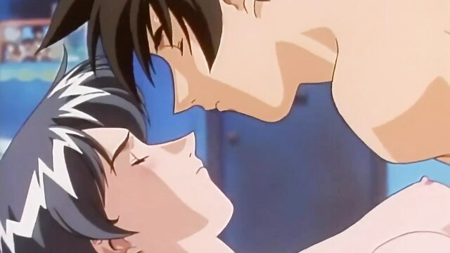 Anime boys intimate embrace, shirtless hunk nuzzling silver-haired twink