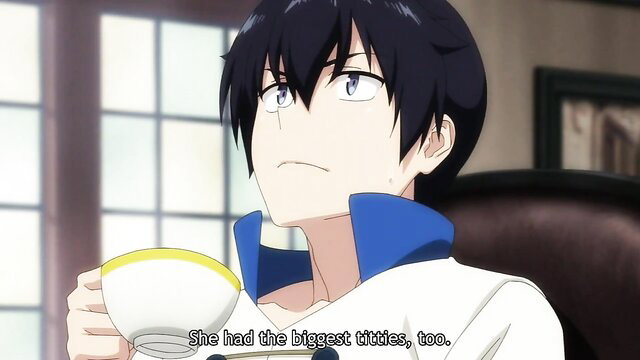 Harem in the Labyrinth of Another World anime guy sips tea eyeing big tits slut