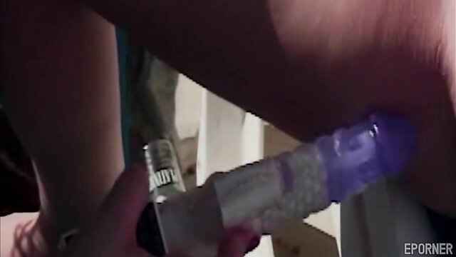 Lesbian bimbo lubing purple dildo for steamy pussy insertion