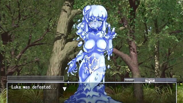 Monster Girl Quest slime girl Luka defeated, nude blue slime body dripping in forest