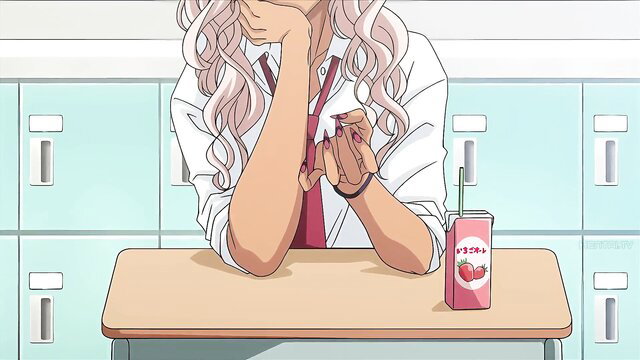 Pink-haired JAV schoolgirl in uniform sips strawberry milk at desk