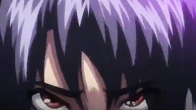 Kangoku Senkan 2 hentai closeup of fierce purple-haired anime girl with red eyes