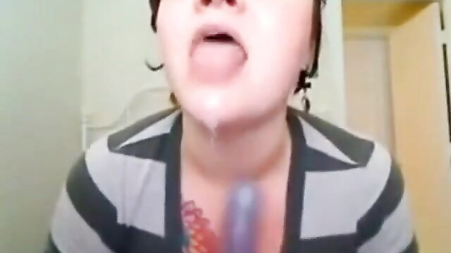 Ava Doll BBW deepthroats huge dildo, cum on tongue closeup